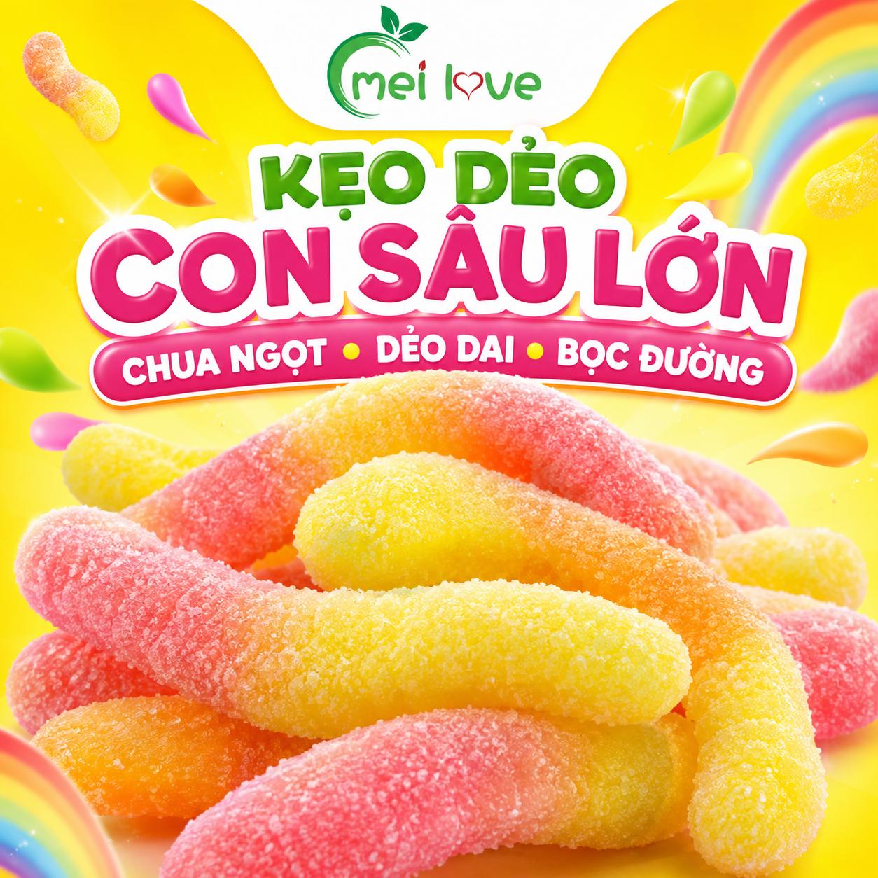 Kẹo Dẻo Con Sâu Lớn Bọc Đường Chua Ngọt, Dẻo Dai, Hương Trái Cây, Kẹo Ăn Vặt Cho Bé & Gia Đình