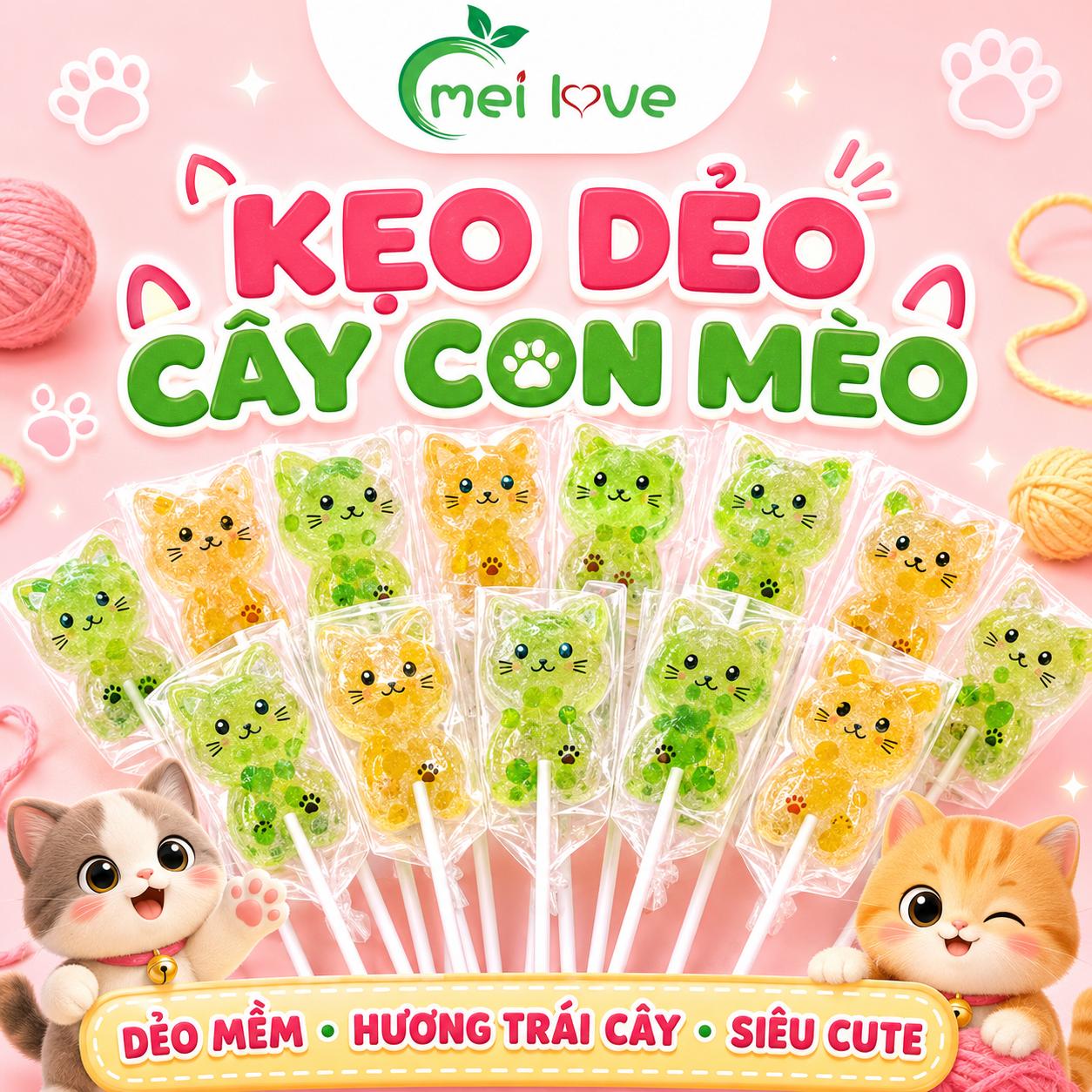 Kẹo Dẻo Cây Con Mèo Hương Trái Cây, Dẻo Mềm, Tạo Hình Mèo Đáng Yêu, Kẹo Ăn Vặt Cho Bé & Gia Đình