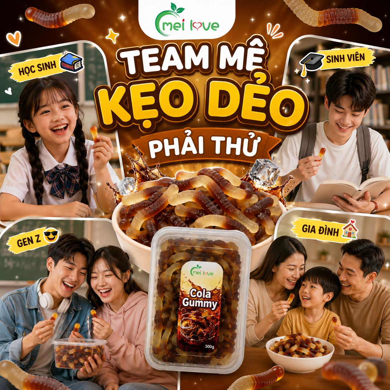 Kẹo Dẻo Sâu Vị Coca, Dẻo Dai, Hương Vị Cola Đậm Đà, Kẹo Ăn Vặt Hình Con Sâu Cho Bé & Gia Đình