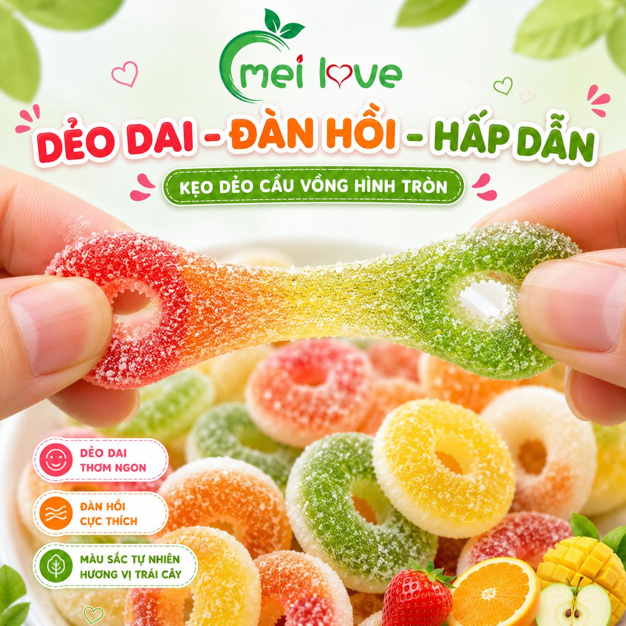 Kẹo Dẻo Cầu Vồng Hình Tròn Hương Trái Cây, Dẻo Dai, Nhiều Màu Sắc, Kẹo Ăn Vặt Cho Bé & Gia Đình