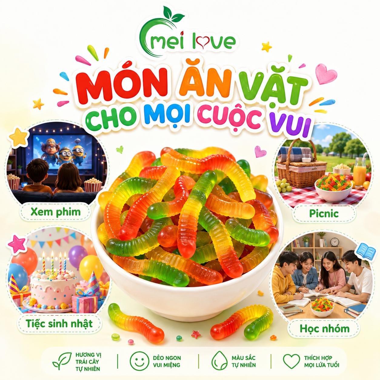 Kẹo Dẻo Sâu Cầu Vồng Hương Trái Cây, Dẻo Dai, Nhiều Màu Sắc, Kẹo Ăn Vặt Cho Bé & Gia Đình