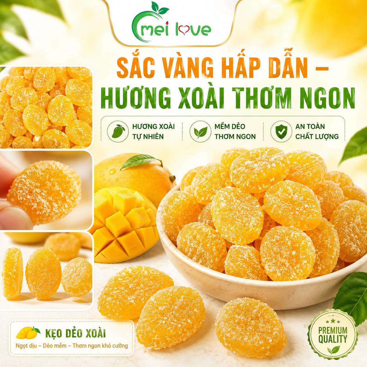 Kẹo Dẻo Xoài Bọc Đường Hương Xoài, Dẻo Mềm, Phủ Đường Hấp Dẫn, Kẹo Ăn Vặt Cho Bé & Gia Đình