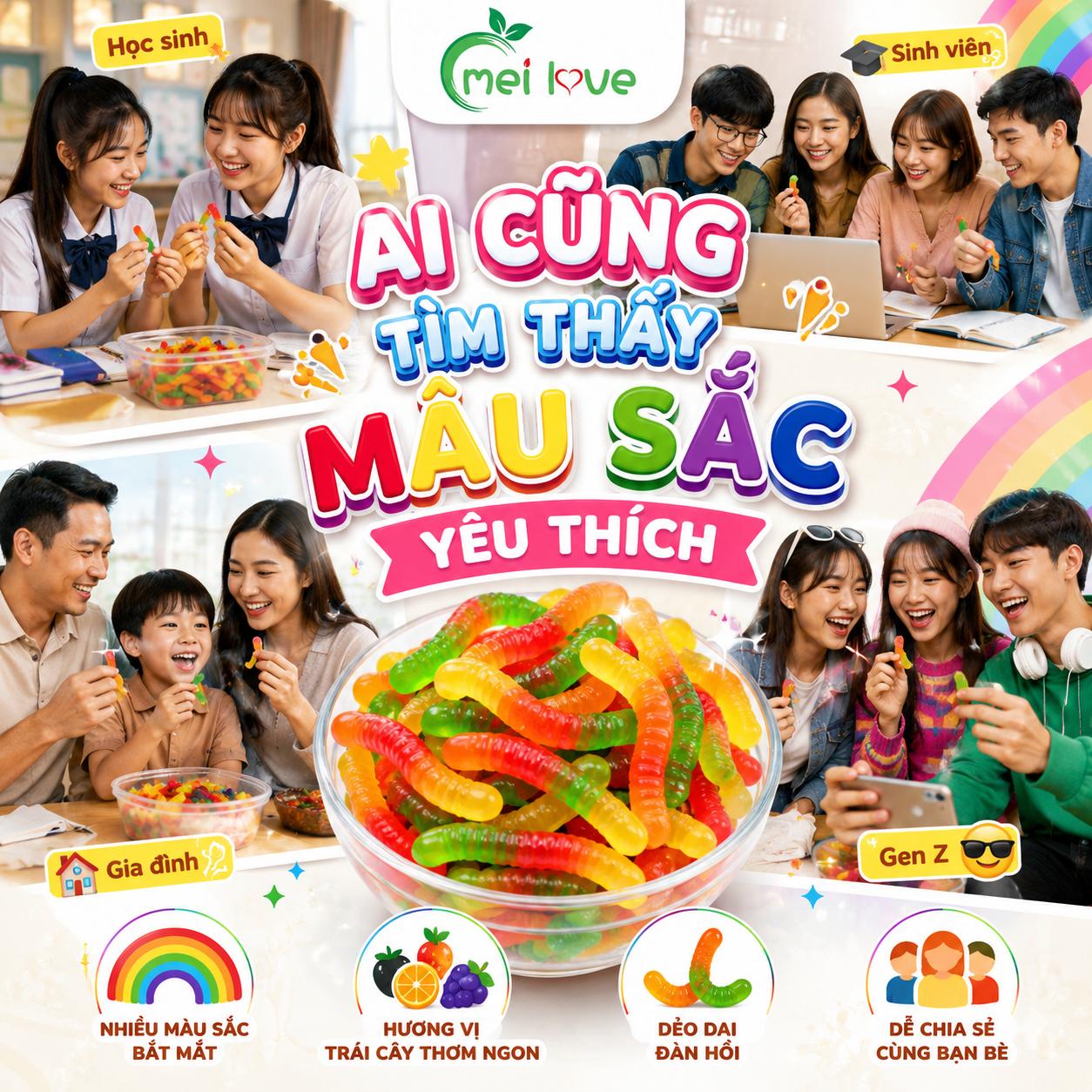 Kẹo Dẻo Giun Đa Sắc Hương Trái Cây, Dẻo Dai, Nhiều Màu Sắc, Kẹo Ăn Vặt Cho Bé & Gia Đình