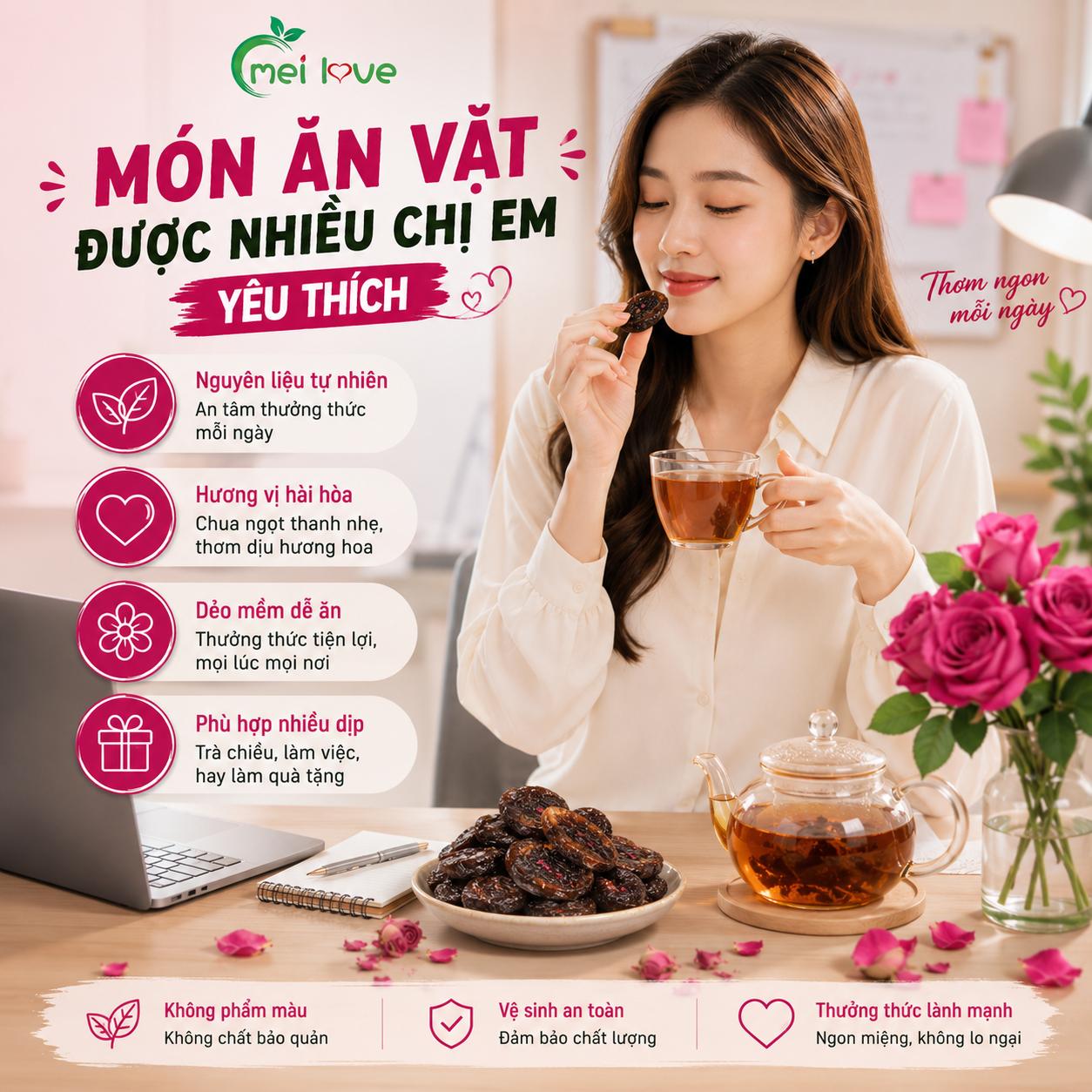 Bánh Xí Muội Hoa Hồng Cao Cấp, Dẻo Mềm, Chua Ngọt Hài Hòa, Hương Hoa Hồng Thơm Dịu