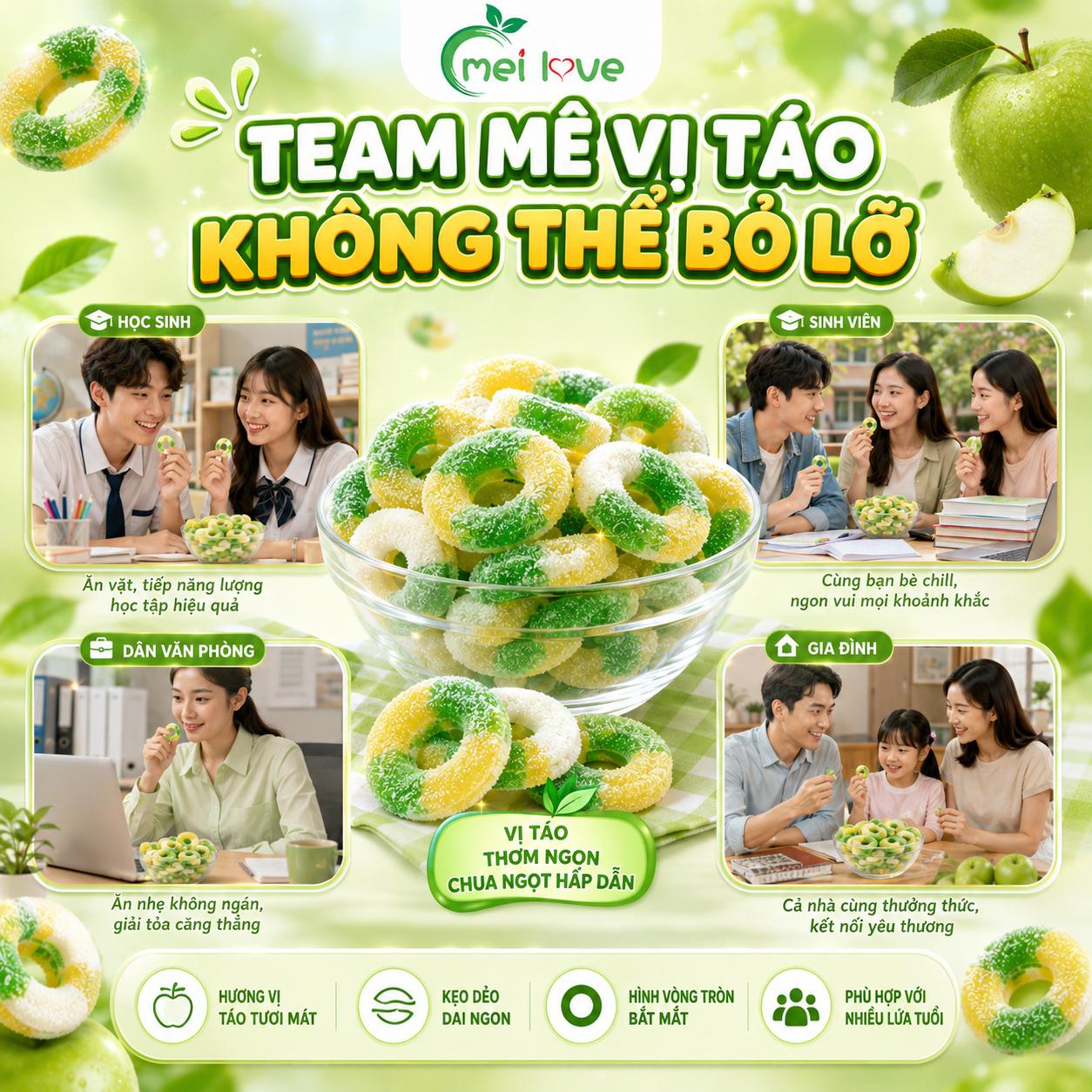 Kẹo Dẻo Vị Táo Vòng Tròn, Dẻo Dai, Hương Táo Thơm Mát, Kẹo Ăn Vặt Hình Vòng Tròn Cho Bé & Gia Đình