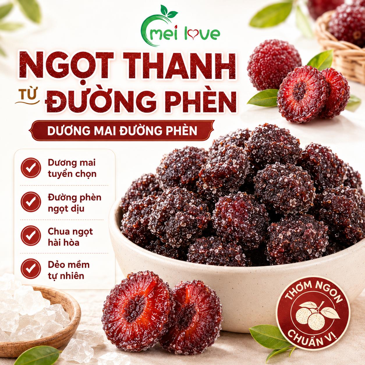 Dương Mai Đường Phèn Cao Cấp, Dẻo Mềm, Chua Thanh, Ngọt Dịu Từ Đường Phèn, Món Ăn Vặt Đặc Sản