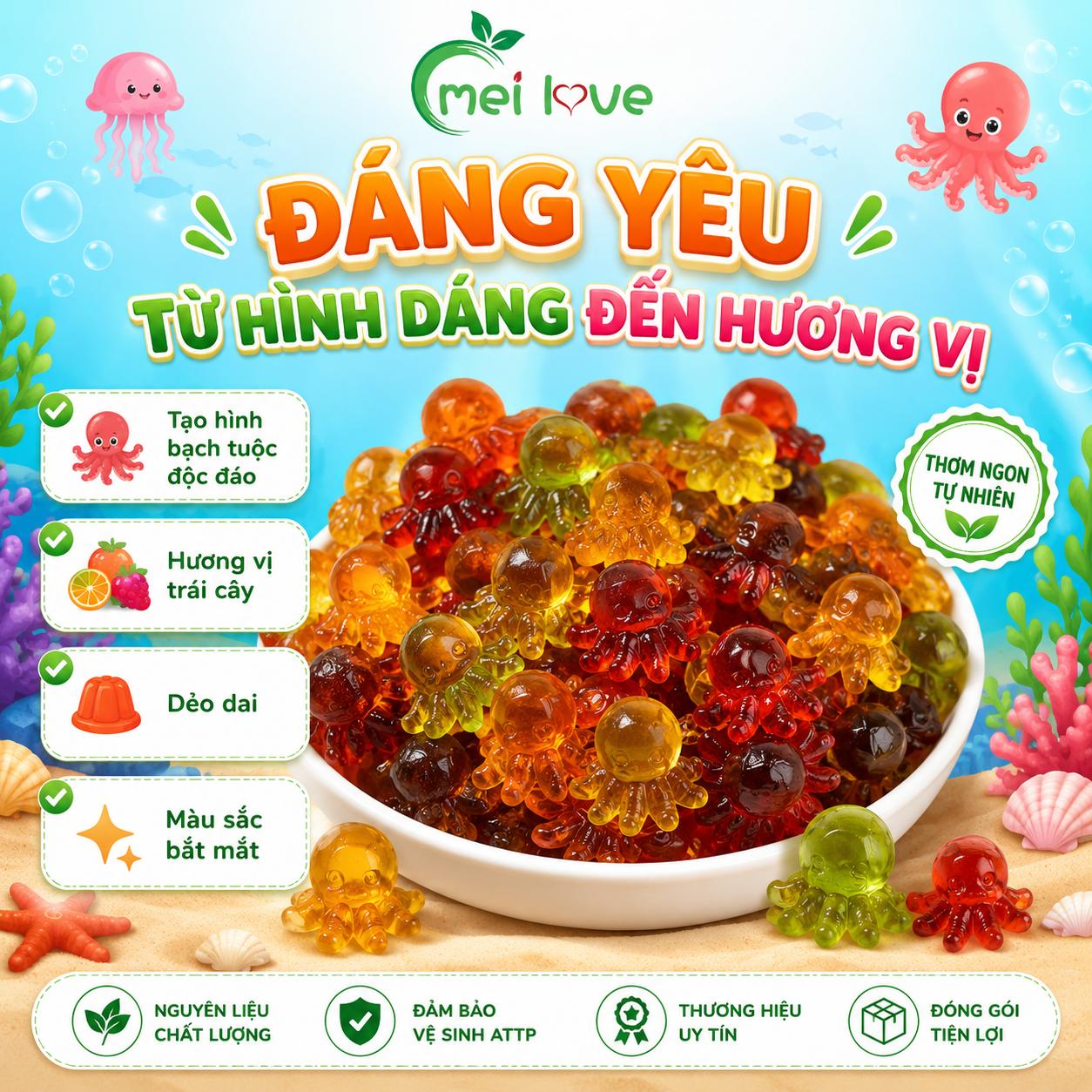 Kẹo Dẻo Bạch Tuộc Hương Trái Cây, Dẻo Dai, Tạo Hình Bạch Tuộc Đáng Yêu, Kẹo Ăn Vặt Cho Bé & Gia Đình