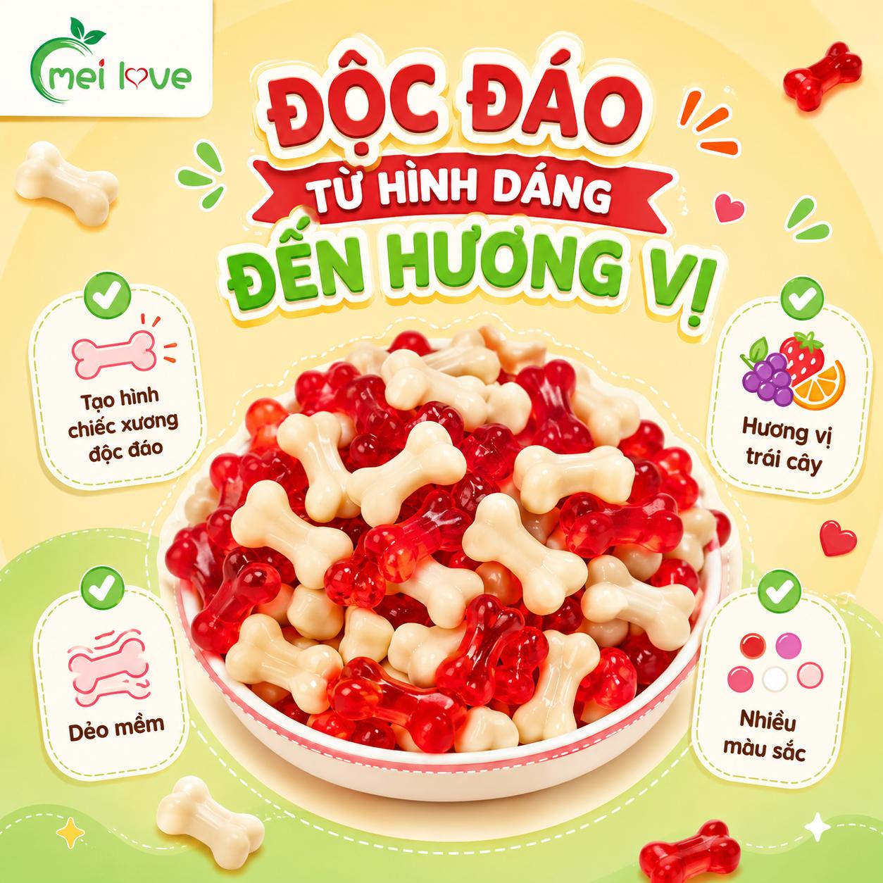 Kẹo Dẻo Xương Hương Trái Cây, Dẻo Mềm, Tạo Hình Chiếc Xương Độc Đáo, Kẹo Ăn Vặt Cho Bé & Gia Đình