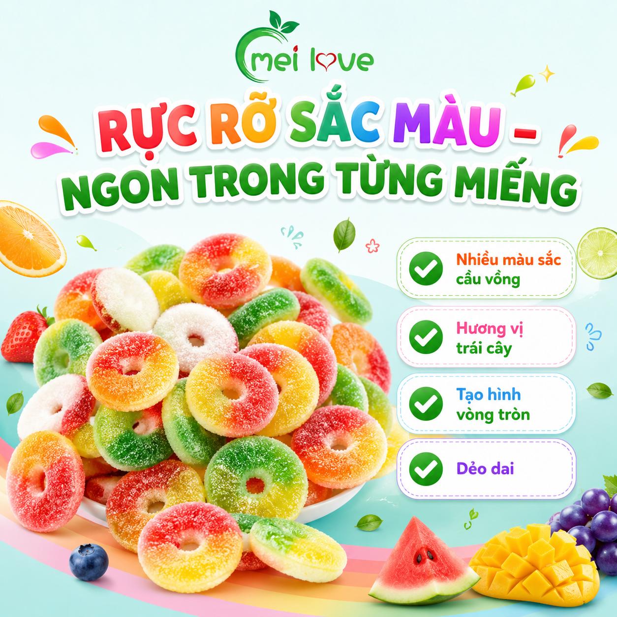 Kẹo Dẻo Cầu Vồng Hình Tròn Hương Trái Cây, Dẻo Dai, Nhiều Màu Sắc, Kẹo Ăn Vặt Cho Bé & Gia Đình