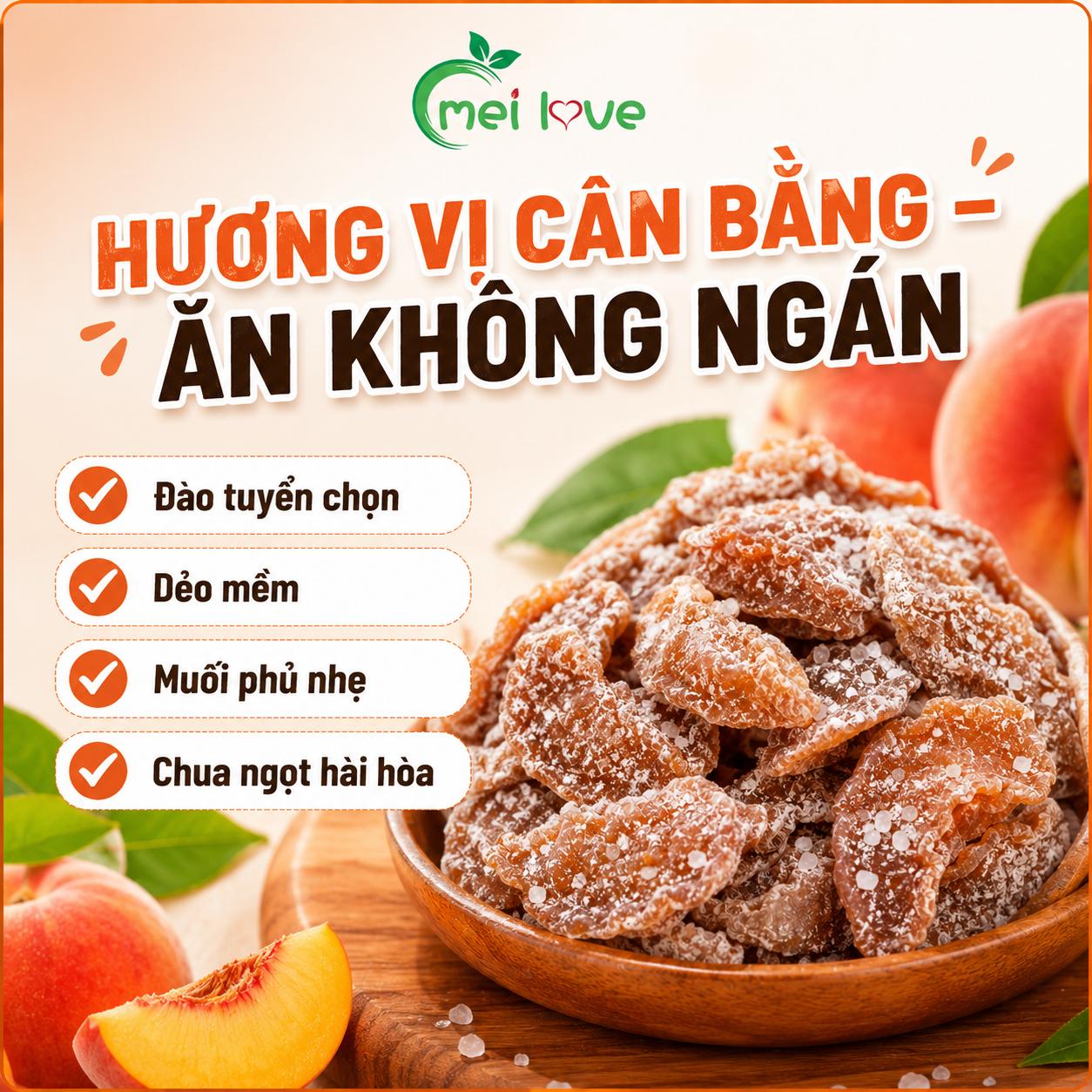 Đào Sấy Muối Cao Cấp, Dẻo Mềm, Chua Ngọt Hài Hòa, Muối Phủ Nhẹ, Trái Cây Sấy Ăn Vặt