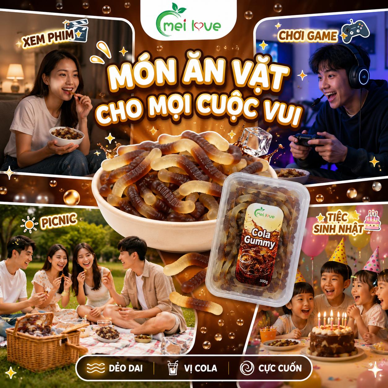 Kẹo Dẻo Sâu Vị Coca, Dẻo Dai, Hương Vị Cola Đậm Đà, Kẹo Ăn Vặt Hình Con Sâu Cho Bé & Gia Đình