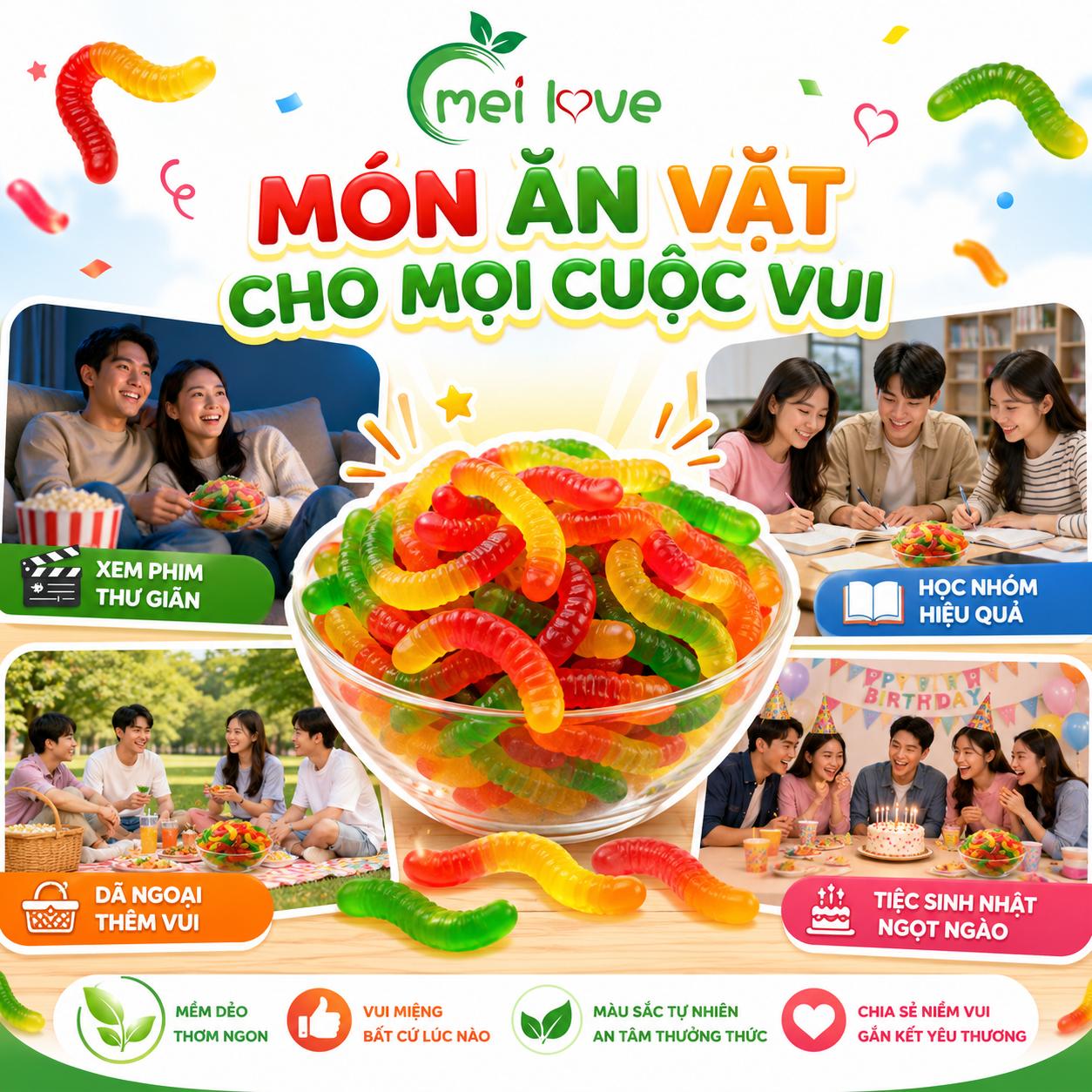 Kẹo Dẻo Giun Đa Sắc Hương Trái Cây, Dẻo Dai, Nhiều Màu Sắc, Kẹo Ăn Vặt Cho Bé & Gia Đình