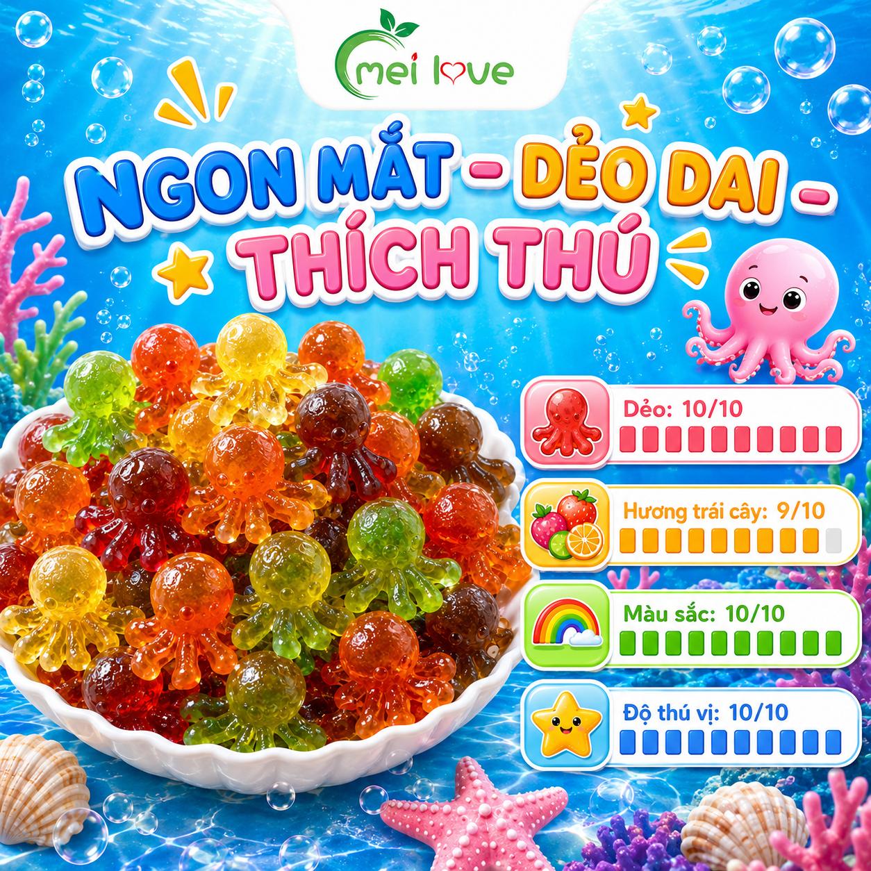 Kẹo Dẻo Bạch Tuộc Hương Trái Cây, Dẻo Dai, Tạo Hình Bạch Tuộc Đáng Yêu, Kẹo Ăn Vặt Cho Bé & Gia Đình