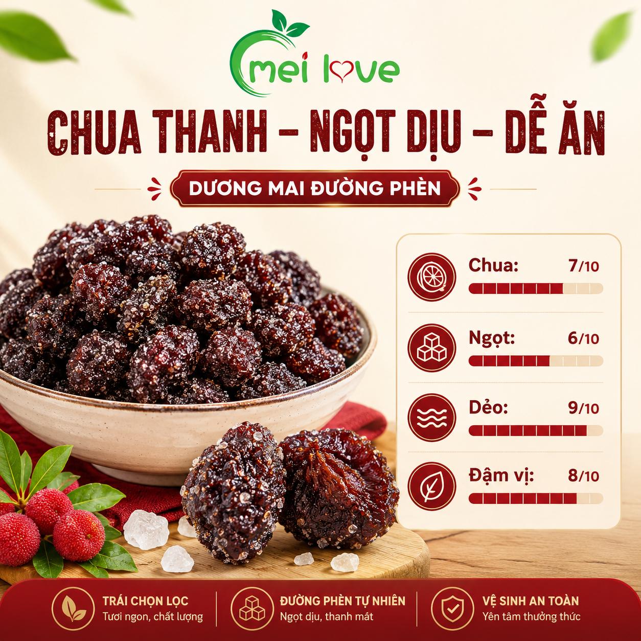 Dương Mai Đường Phèn Cao Cấp, Dẻo Mềm, Chua Thanh, Ngọt Dịu Từ Đường Phèn, Món Ăn Vặt Đặc Sản