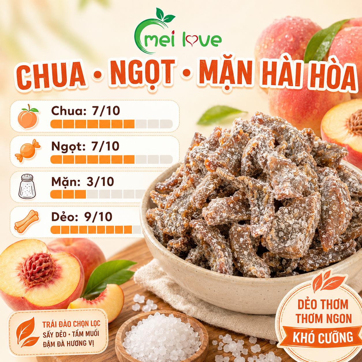 Đào Sấy Muối Cao Cấp, Dẻo Mềm, Chua Ngọt Hài Hòa, Muối Phủ Nhẹ, Trái Cây Sấy Ăn Vặt