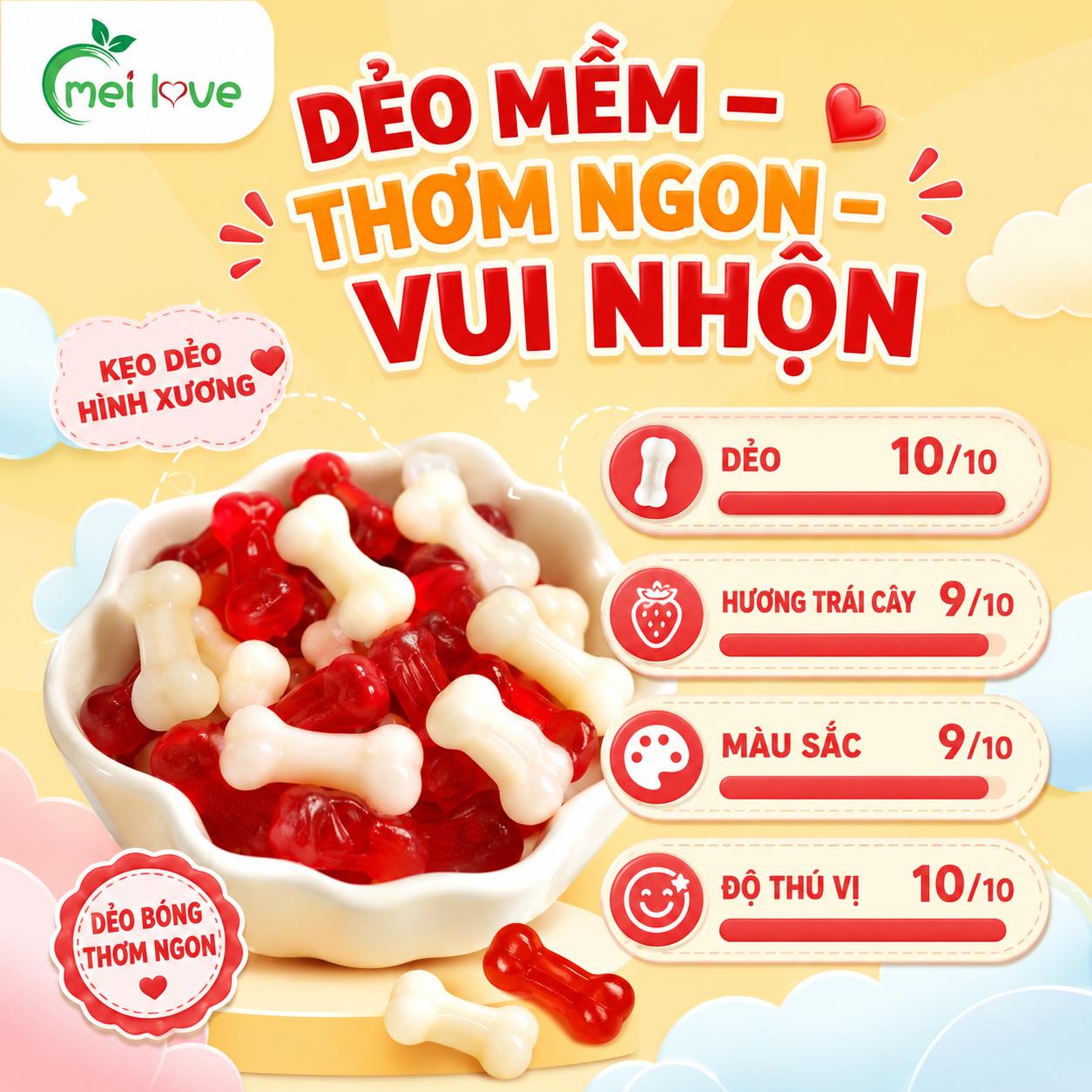 Kẹo Dẻo Xương Hương Trái Cây, Dẻo Mềm, Tạo Hình Chiếc Xương Độc Đáo, Kẹo Ăn Vặt Cho Bé & Gia Đình