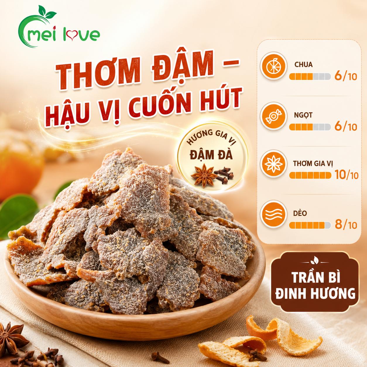 Trần Bì Đinh Hương Cao Cấp, Dẻo Mềm, Thơm Hương Trần Bì, Đậm Vị Đinh Hương, Món Ăn Vặt Truyền Thống