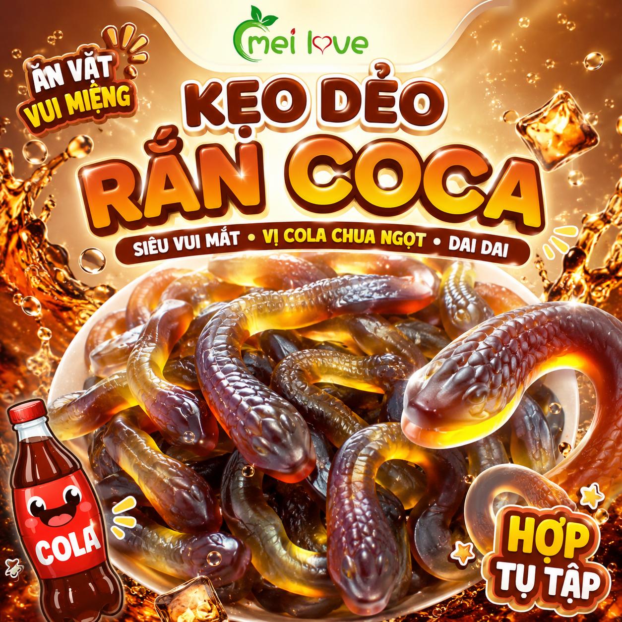 Kẹo Dẻo Rắn Coca Vị Cola Chua Ngọt Dai Mềm, Kẹo Ăn Vặt Hình Rắn Vui Mắt Cho Bé Và Gia Đình