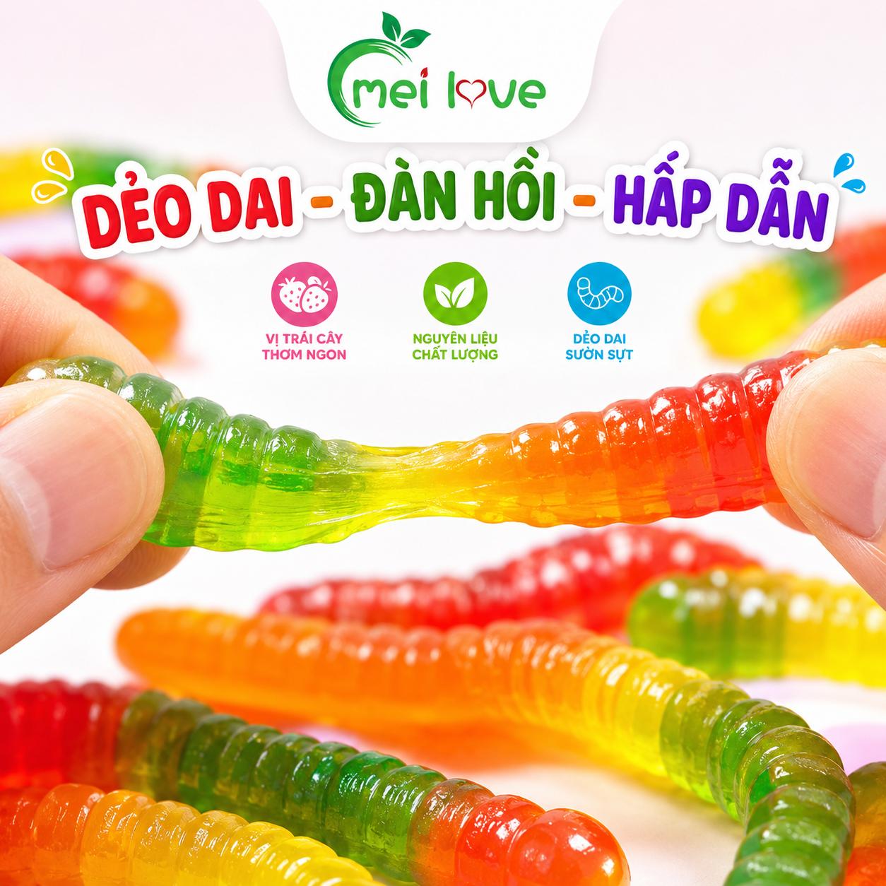 Kẹo Dẻo Sâu Cầu Vồng Hương Trái Cây, Dẻo Dai, Nhiều Màu Sắc, Kẹo Ăn Vặt Cho Bé & Gia Đình