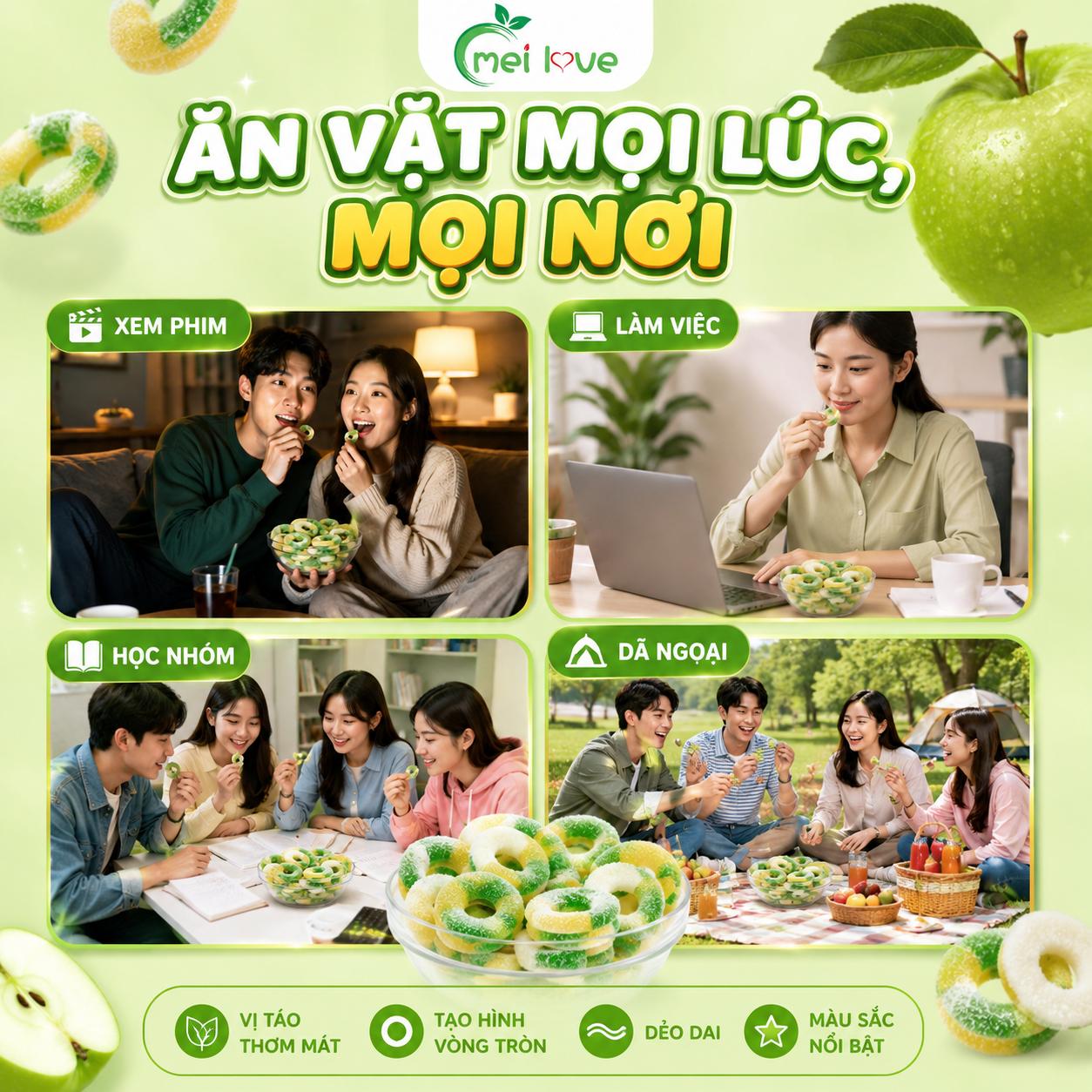 Kẹo Dẻo Vị Táo Vòng Tròn, Dẻo Dai, Hương Táo Thơm Mát, Kẹo Ăn Vặt Hình Vòng Tròn Cho Bé & Gia Đình