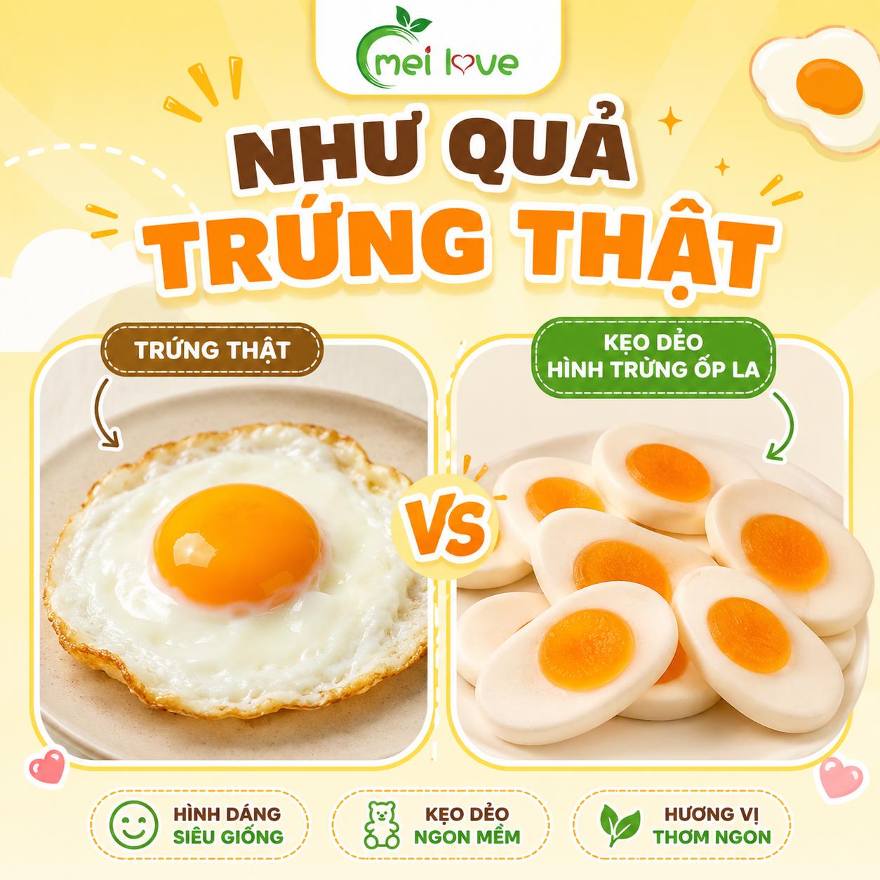 Kẹo Dẻo Trứng Rán Hương Trái Cây, Dẻo Mềm, Tạo Hình Trứng Ốp La, Kẹo Ăn Vặt Cho Bé & Gia Đình
