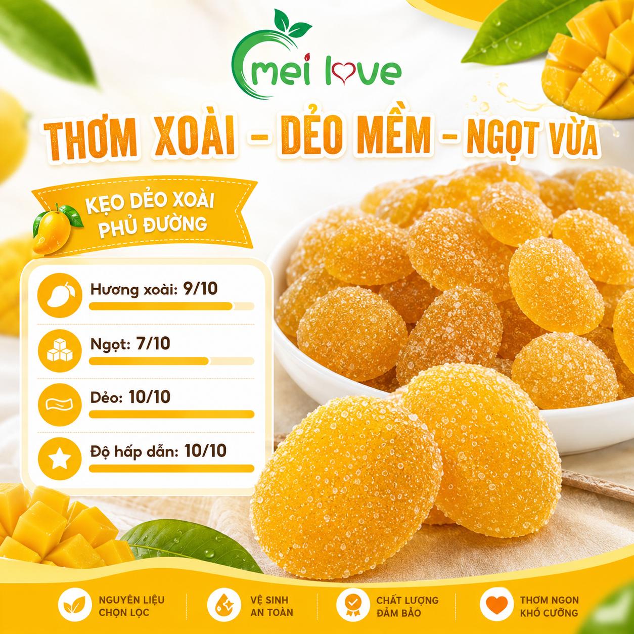 Kẹo Dẻo Xoài Bọc Đường Hương Xoài, Dẻo Mềm, Phủ Đường Hấp Dẫn, Kẹo Ăn Vặt Cho Bé & Gia Đình