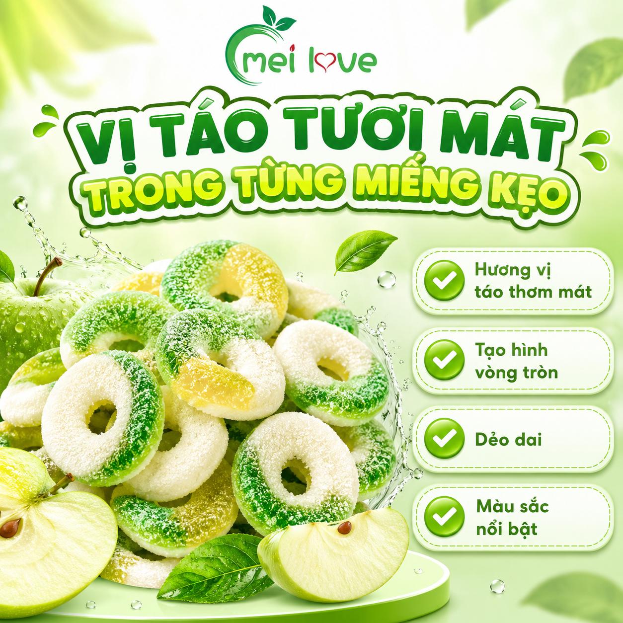 Kẹo Dẻo Vị Táo Vòng Tròn, Dẻo Dai, Hương Táo Thơm Mát, Kẹo Ăn Vặt Hình Vòng Tròn Cho Bé & Gia Đình