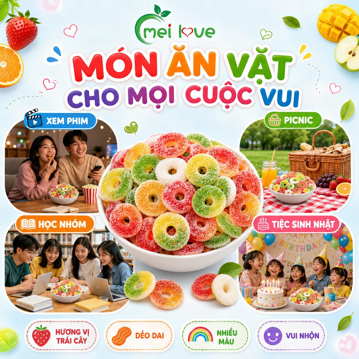 Kẹo Dẻo Cầu Vồng Hình Tròn Hương Trái Cây, Dẻo Dai, Nhiều Màu Sắc, Kẹo Ăn Vặt Cho Bé & Gia Đình