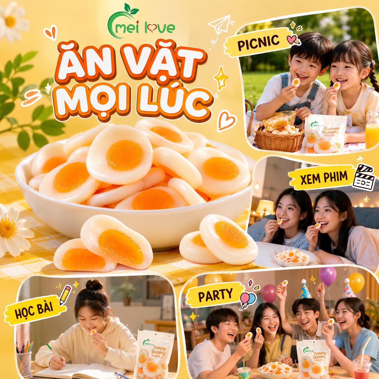Kẹo Dẻo Trứng Rán Hương Trái Cây, Dẻo Mềm, Tạo Hình Trứng Ốp La, Kẹo Ăn Vặt Cho Bé & Gia Đình