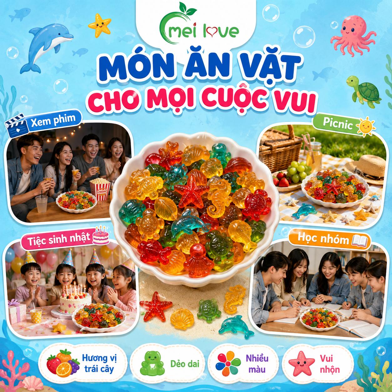 Kẹo Dẻo Đại Dương Hương Trái Cây, Dẻo Dai, Tạo Hình Sinh Vật Biển Đáng Yêu, Kẹo Ăn Vặt Cho Bé & Gia Đình