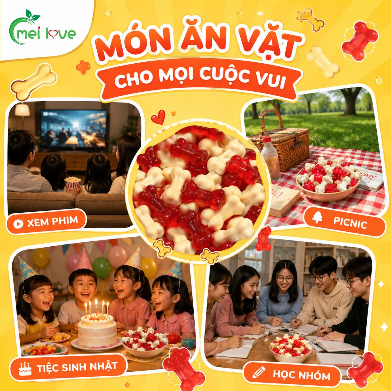 Kẹo Dẻo Xương Hương Trái Cây, Dẻo Mềm, Tạo Hình Chiếc Xương Độc Đáo, Kẹo Ăn Vặt Cho Bé & Gia Đình