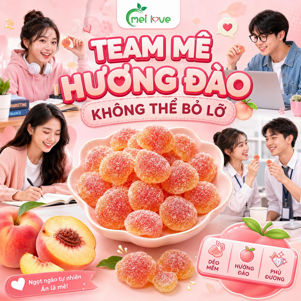 Kẹo Dẻo Đào Bọc Đường Hương Đào, Dẻo Mềm, Phủ Đường Hấp Dẫn, Kẹo Ăn Vặt Cho Bé & Gia Đình