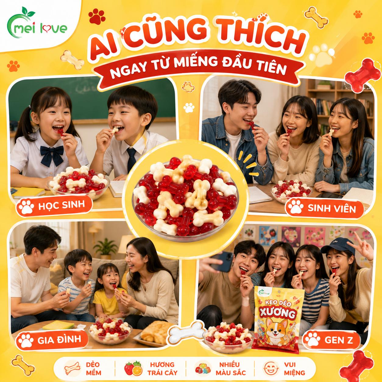 Kẹo Dẻo Xương Hương Trái Cây, Dẻo Mềm, Tạo Hình Chiếc Xương Độc Đáo, Kẹo Ăn Vặt Cho Bé & Gia Đình