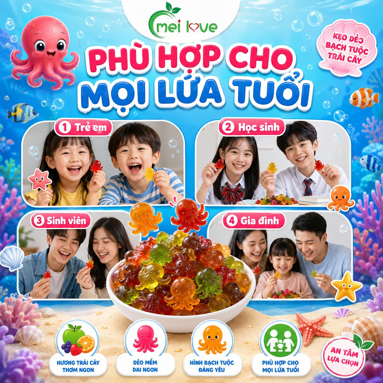 Kẹo Dẻo Bạch Tuộc Hương Trái Cây, Dẻo Dai, Tạo Hình Bạch Tuộc Đáng Yêu, Kẹo Ăn Vặt Cho Bé & Gia Đình