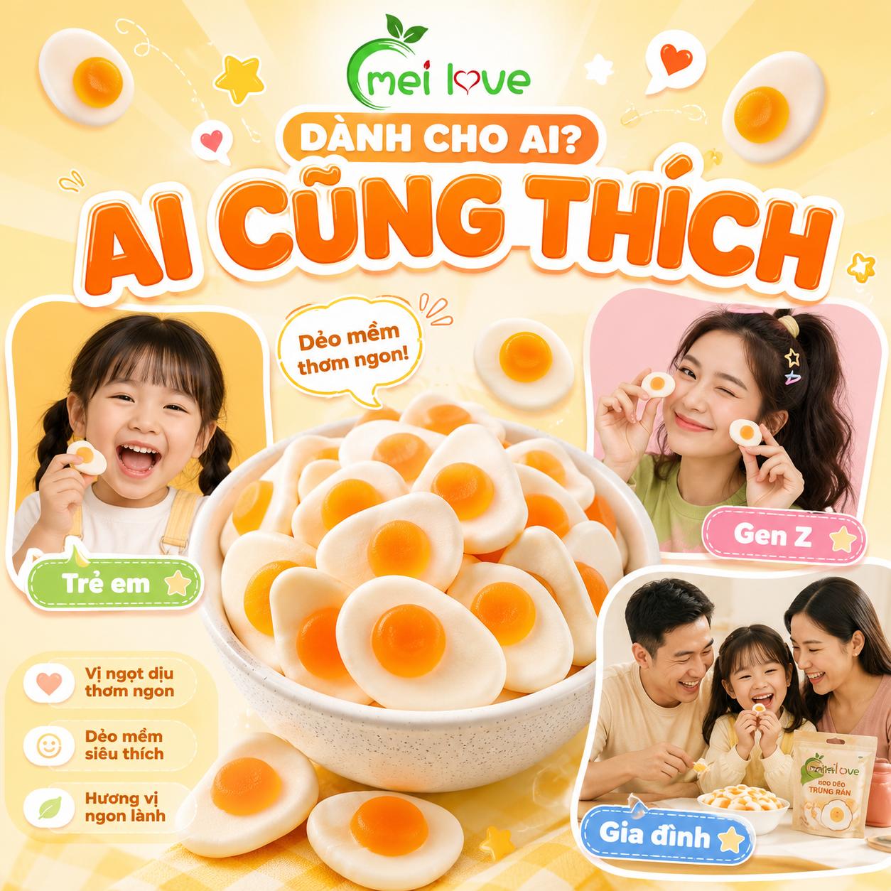 Kẹo Dẻo Trứng Rán Hương Trái Cây, Dẻo Mềm, Tạo Hình Trứng Ốp La, Kẹo Ăn Vặt Cho Bé & Gia Đình
