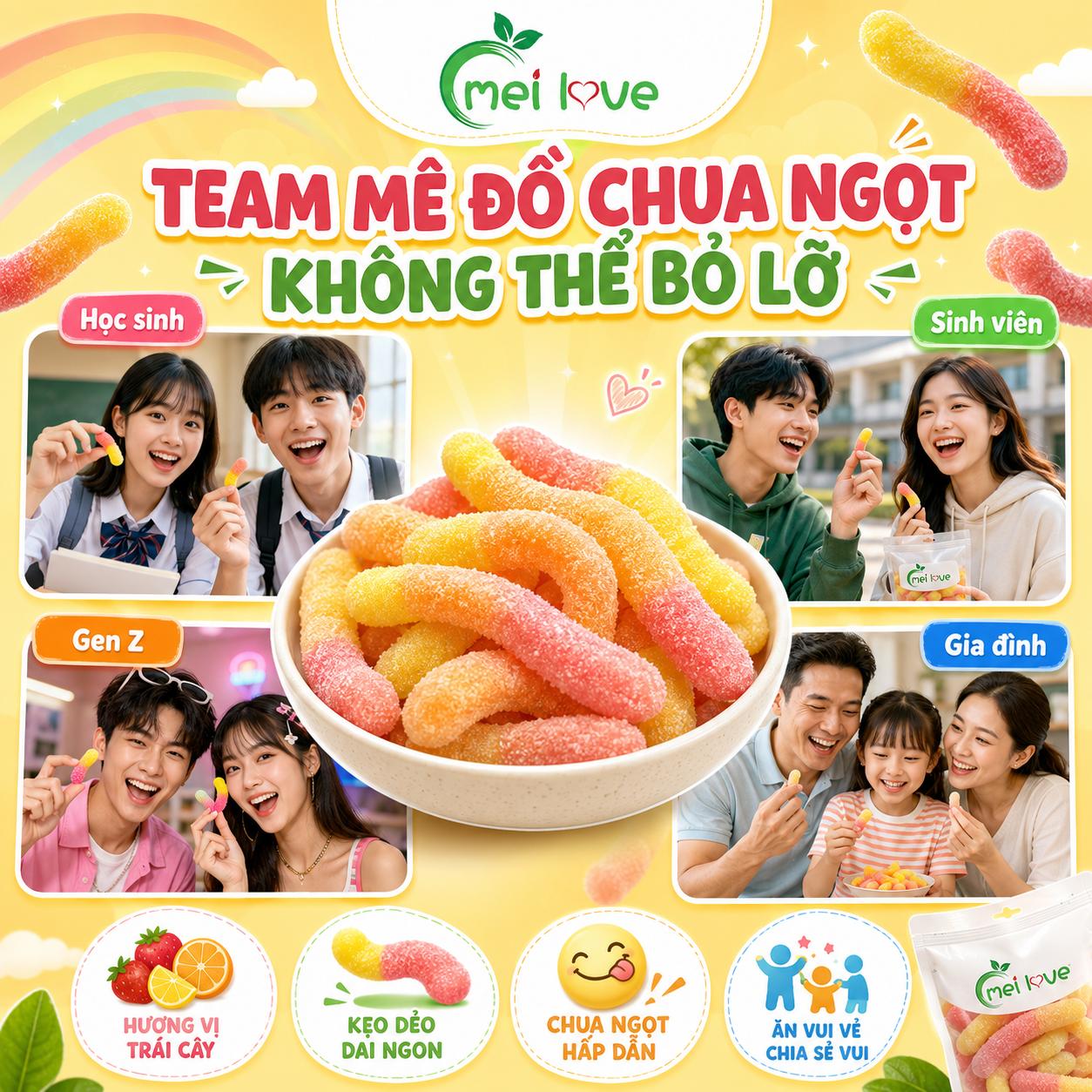 Kẹo Dẻo Con Sâu Lớn Bọc Đường Chua Ngọt, Dẻo Dai, Hương Trái Cây, Kẹo Ăn Vặt Cho Bé & Gia Đình