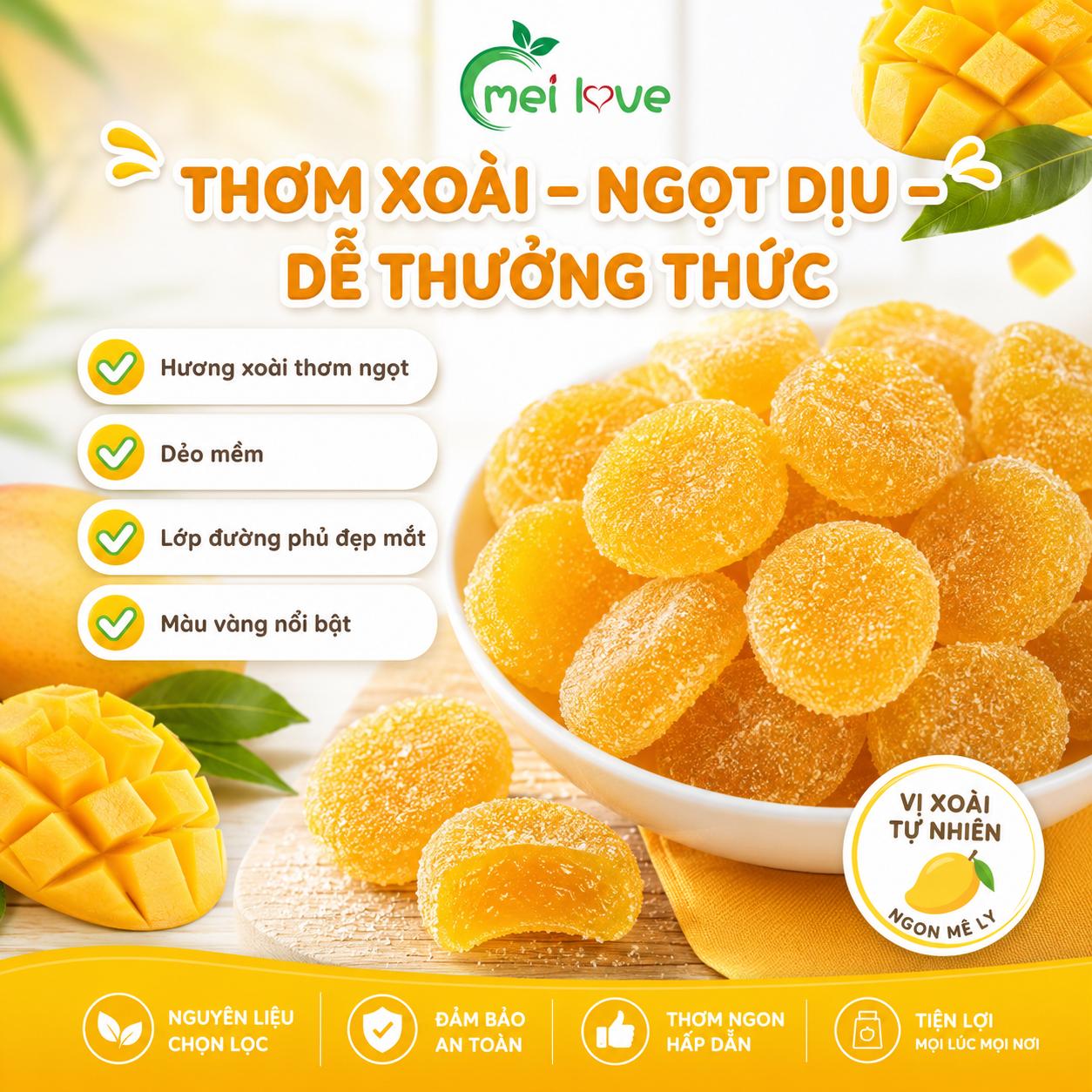 Kẹo Dẻo Xoài Bọc Đường Hương Xoài, Dẻo Mềm, Phủ Đường Hấp Dẫn, Kẹo Ăn Vặt Cho Bé & Gia Đình