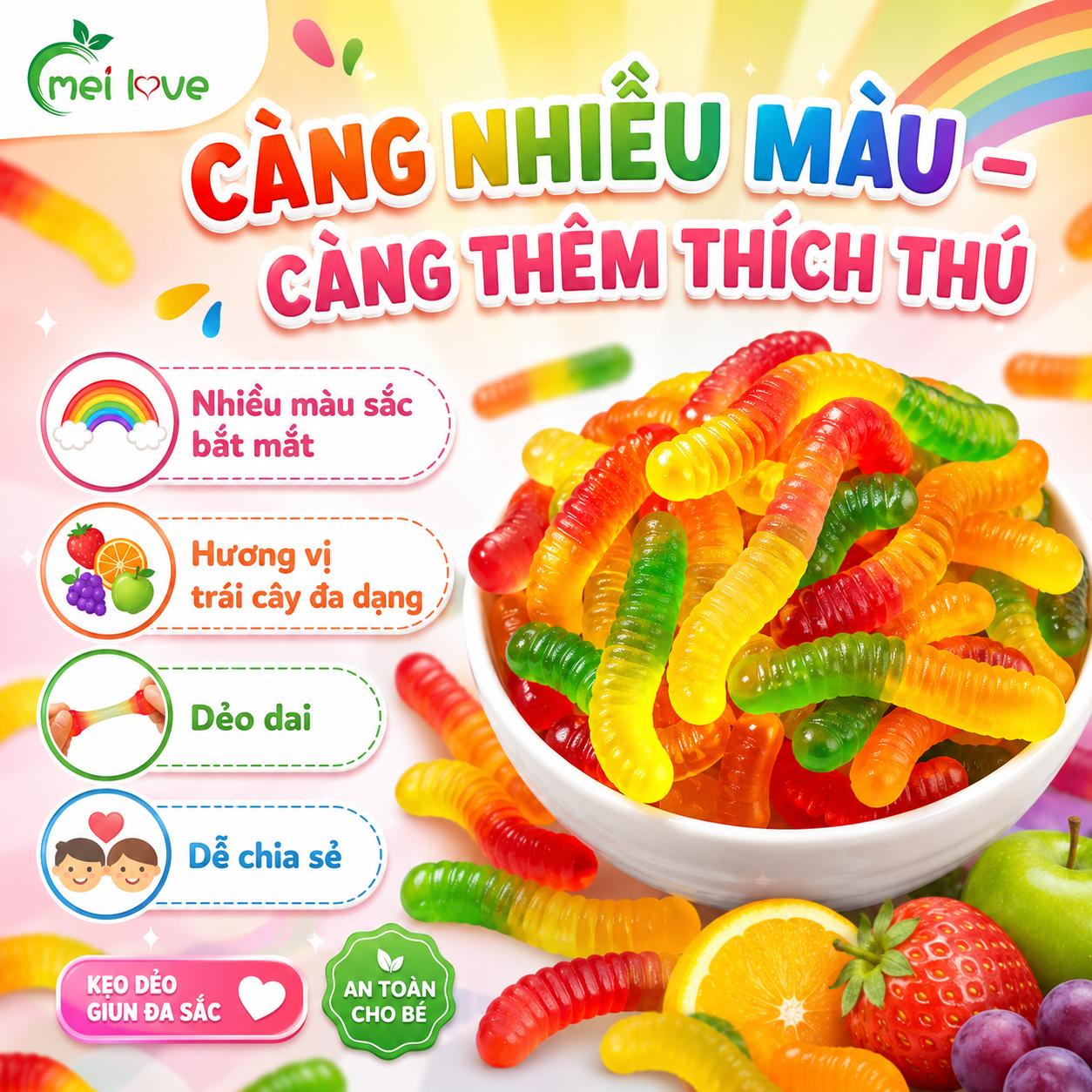 Kẹo Dẻo Giun Đa Sắc Hương Trái Cây, Dẻo Dai, Nhiều Màu Sắc, Kẹo Ăn Vặt Cho Bé & Gia Đình