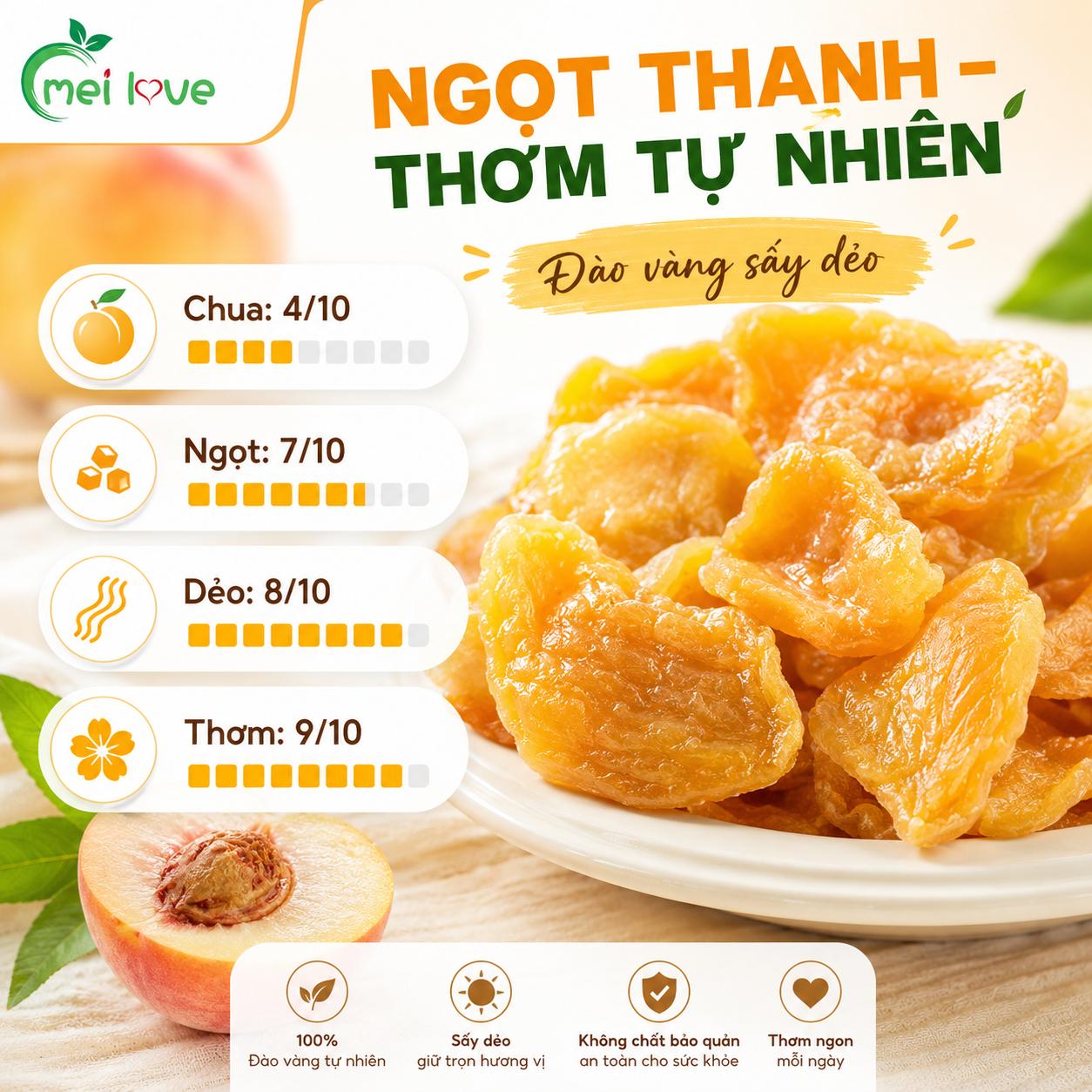 Đào Vàng Sấy Khô Cao Cấp, Dẻo Mềm, Thơm Vị Đào Tự Nhiên, Ngọt Thanh, Trái Cây Sấy Ăn Vặt