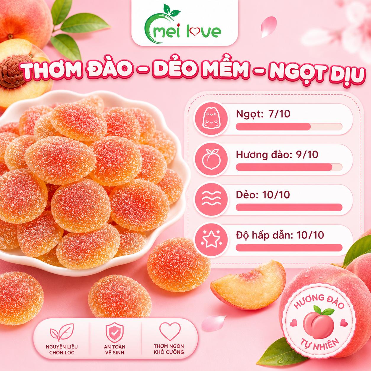 Kẹo Dẻo Đào Bọc Đường Hương Đào, Dẻo Mềm, Phủ Đường Hấp Dẫn, Kẹo Ăn Vặt Cho Bé & Gia Đình