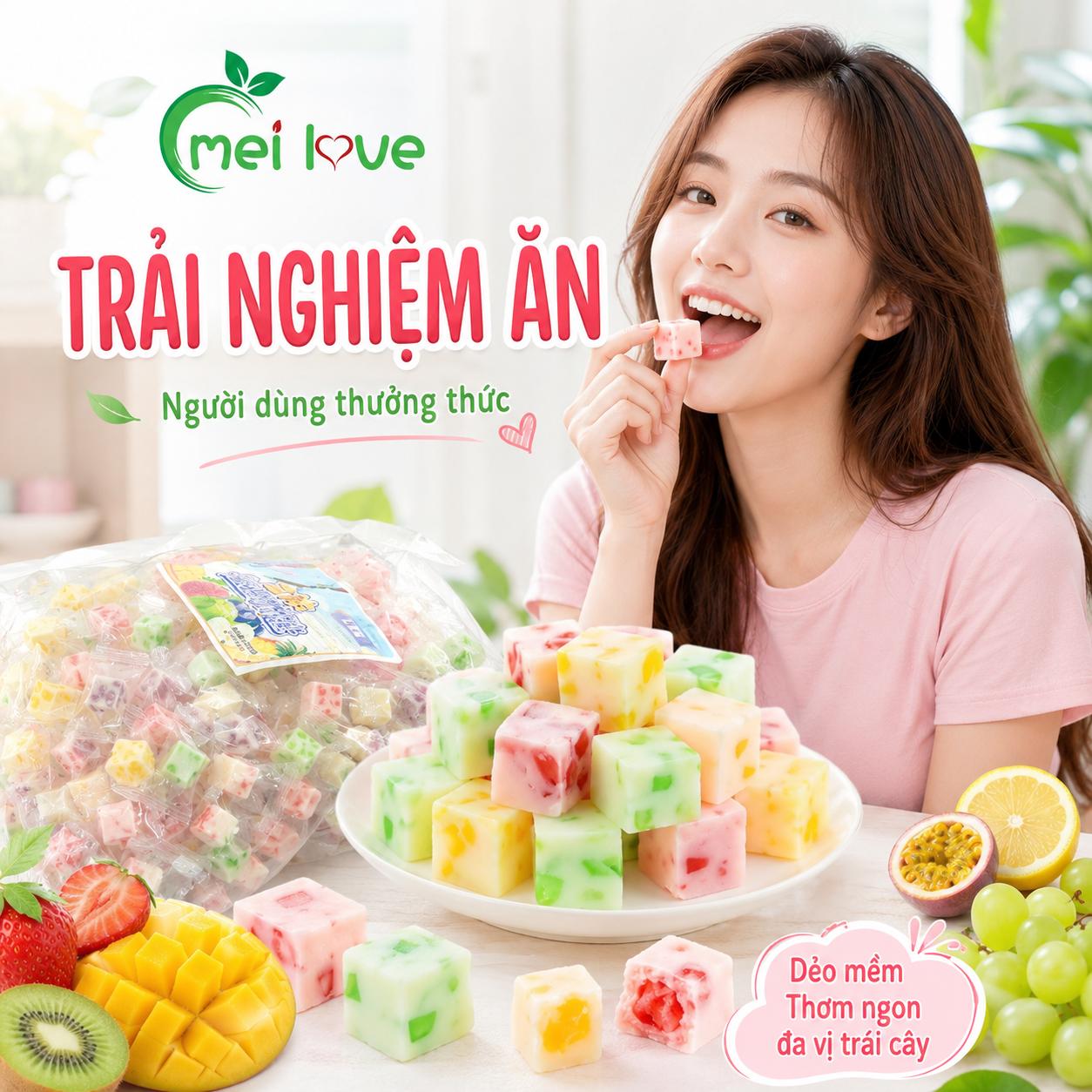 Kẹo Dẻo Nhân Trái Cây Lên Men Chua Ngọt, Nhân Sốt Mềm Tan, Ăn Vặt Lạ Miệng Cho Văn Phòng