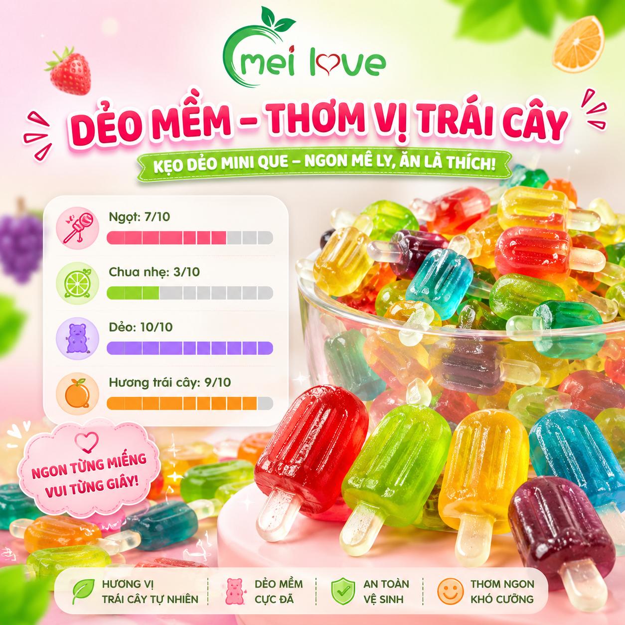 Kẹo Dẻo Cây Kem Hương Trái Cây, Dẻo Mềm, Nhiều Màu Sắc, Kẹo Ăn Vặt Cho Bé & Gia Đình