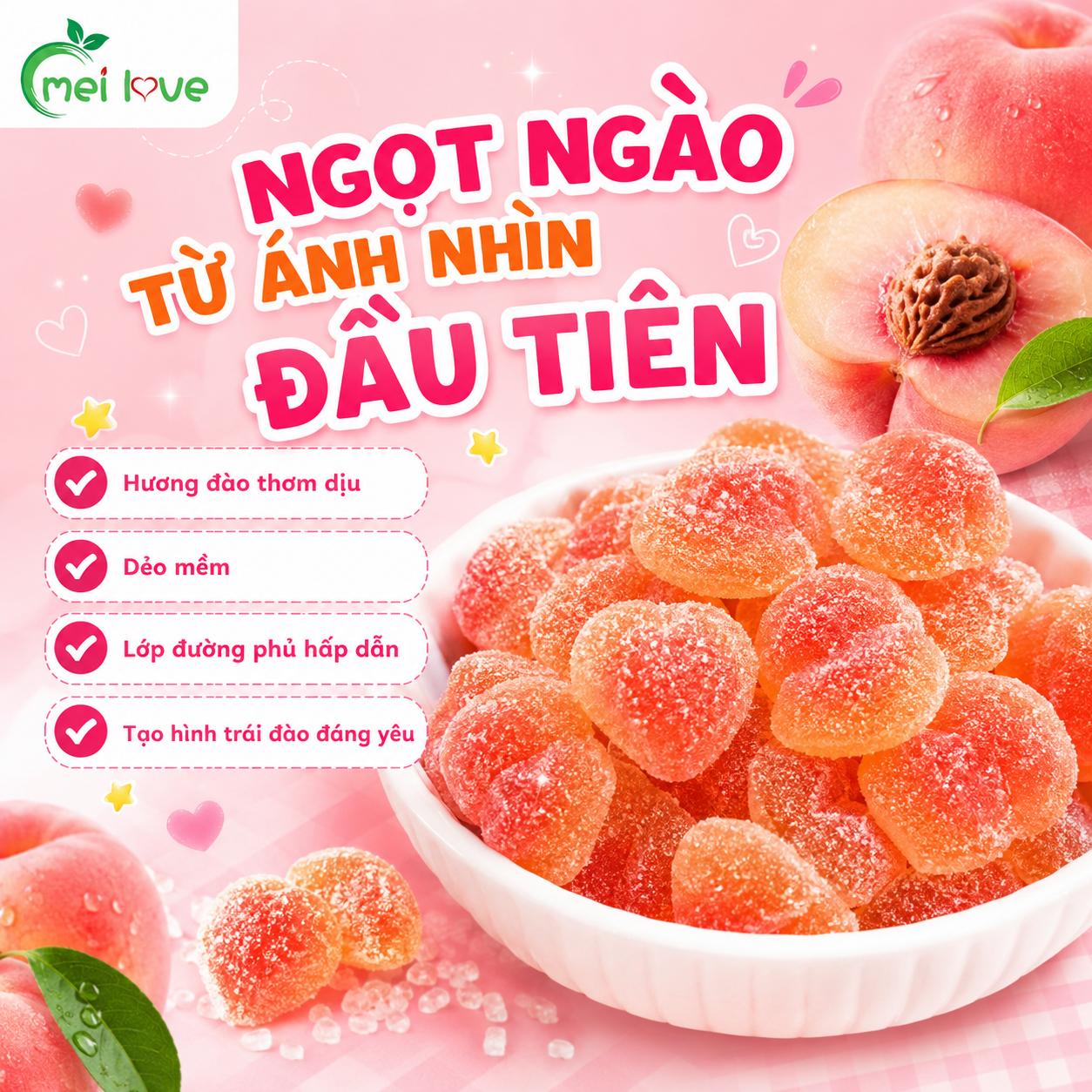 Kẹo Dẻo Đào Bọc Đường Hương Đào, Dẻo Mềm, Phủ Đường Hấp Dẫn, Kẹo Ăn Vặt Cho Bé & Gia Đình