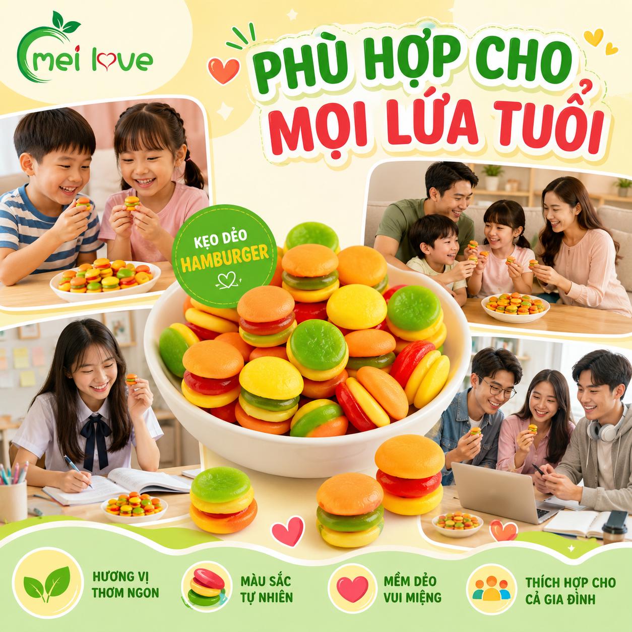 Kẹo Dẻo Hamburger Hương Trái Cây – Dẻo Mềm, Tạo Hình Hamburger Mini, Kẹo Ăn Vặt Cho Bé & Gia Đình