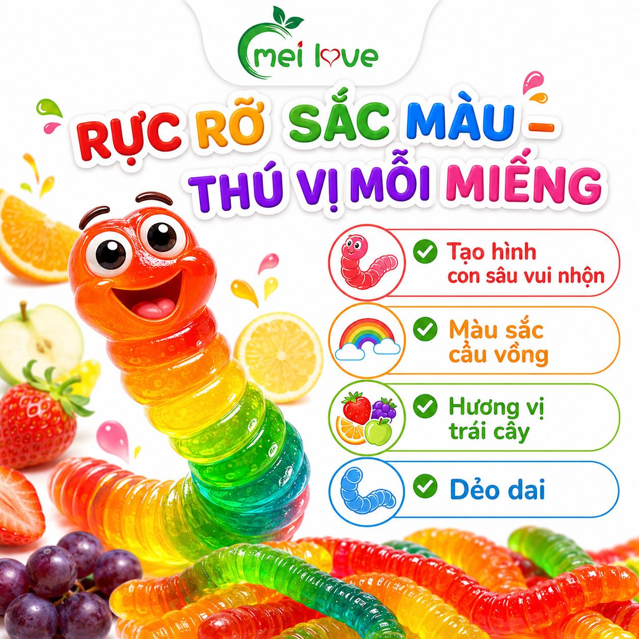 Kẹo Dẻo Sâu Cầu Vồng Hương Trái Cây, Dẻo Dai, Nhiều Màu Sắc, Kẹo Ăn Vặt Cho Bé & Gia Đình