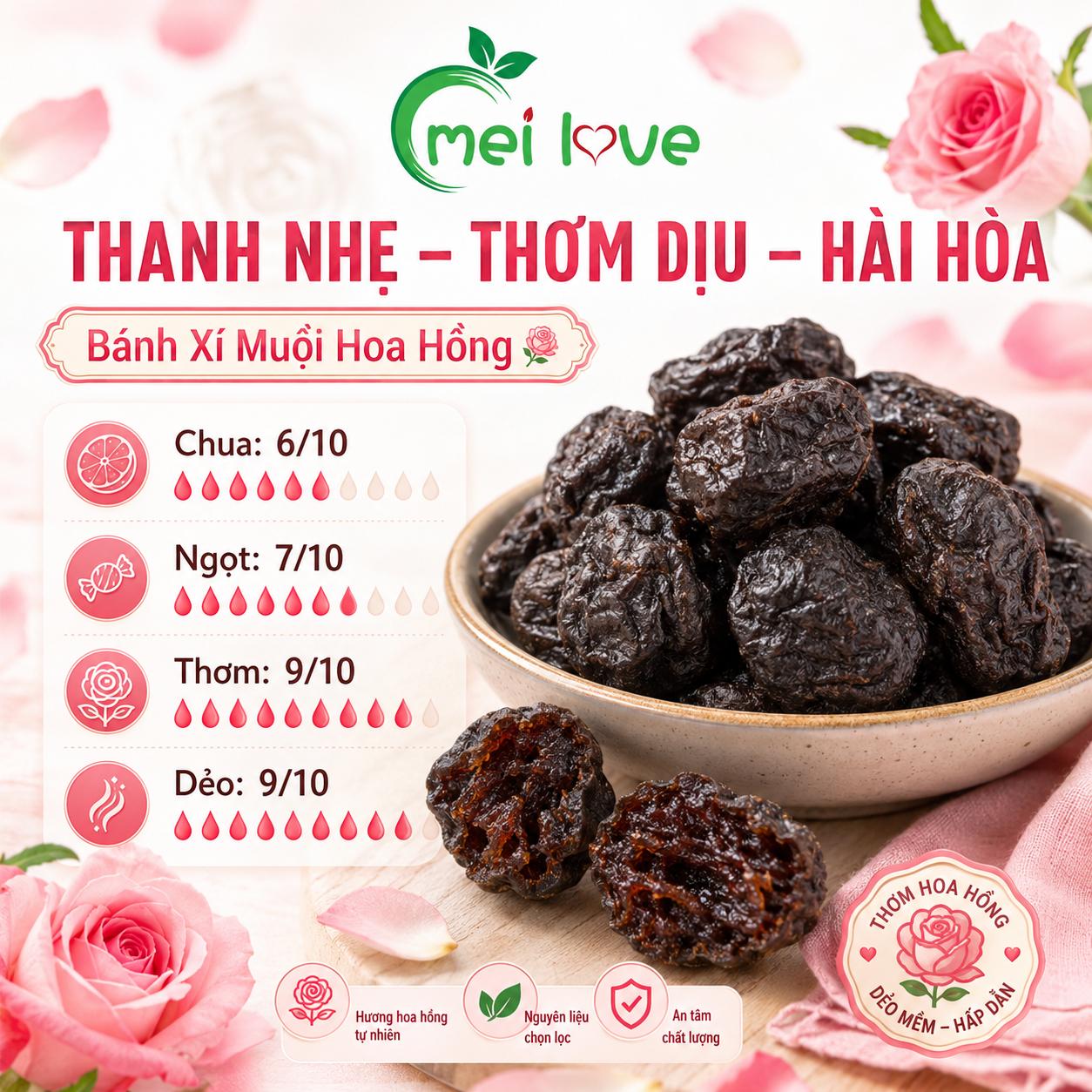 Bánh Xí Muội Hoa Hồng Cao Cấp, Dẻo Mềm, Chua Ngọt Hài Hòa, Hương Hoa Hồng Thơm Dịu