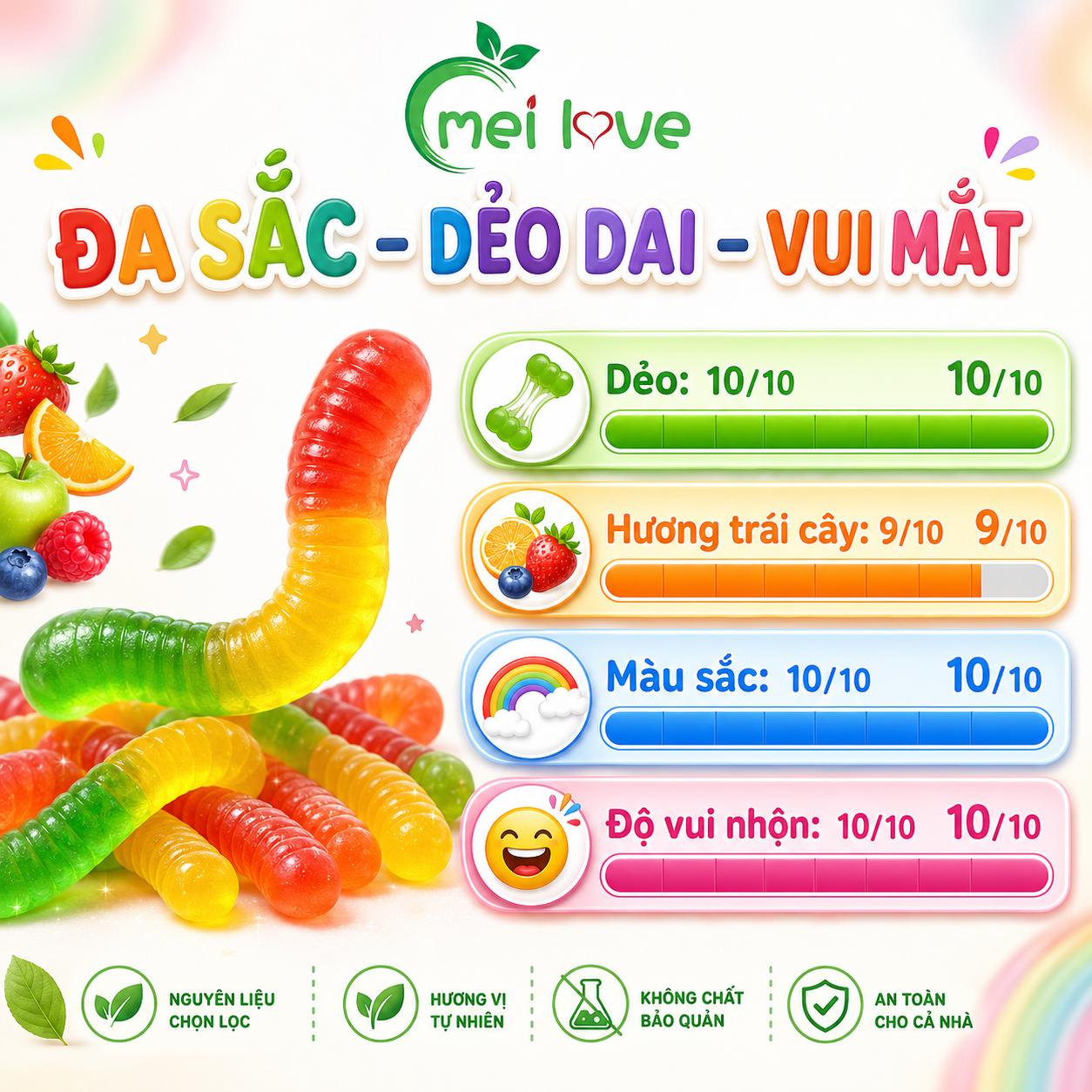 Kẹo Dẻo Sâu Cầu Vồng Hương Trái Cây, Dẻo Dai, Nhiều Màu Sắc, Kẹo Ăn Vặt Cho Bé & Gia Đình