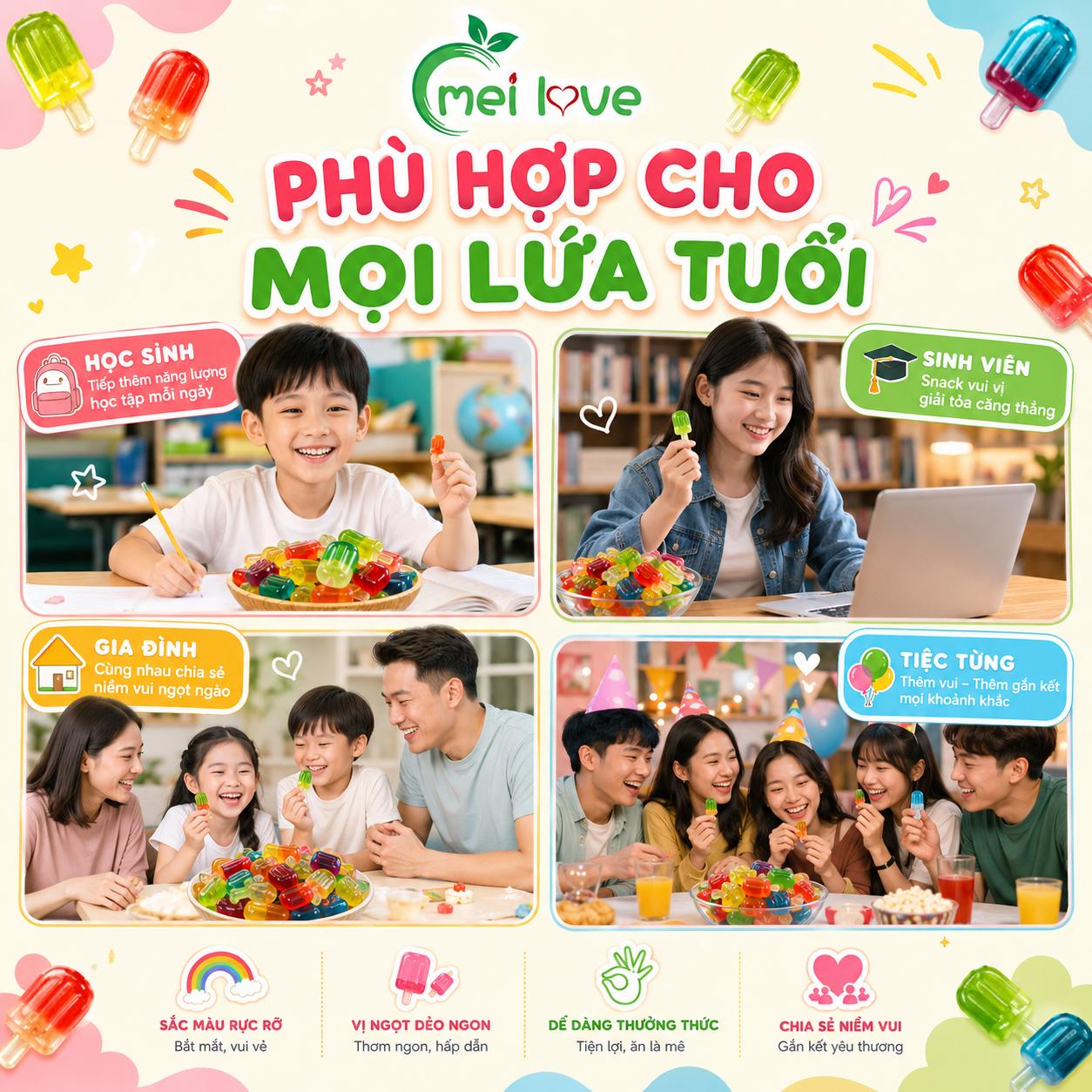 Kẹo Dẻo Cây Kem Hương Trái Cây, Dẻo Mềm, Nhiều Màu Sắc, Kẹo Ăn Vặt Cho Bé & Gia Đình