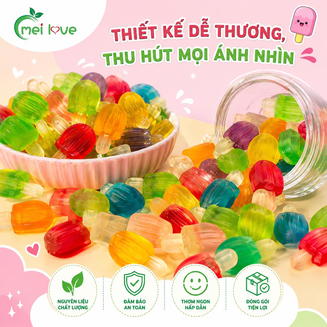 Kẹo Dẻo Cây Kem Hương Trái Cây, Dẻo Mềm, Nhiều Màu Sắc, Kẹo Ăn Vặt Cho Bé & Gia Đình