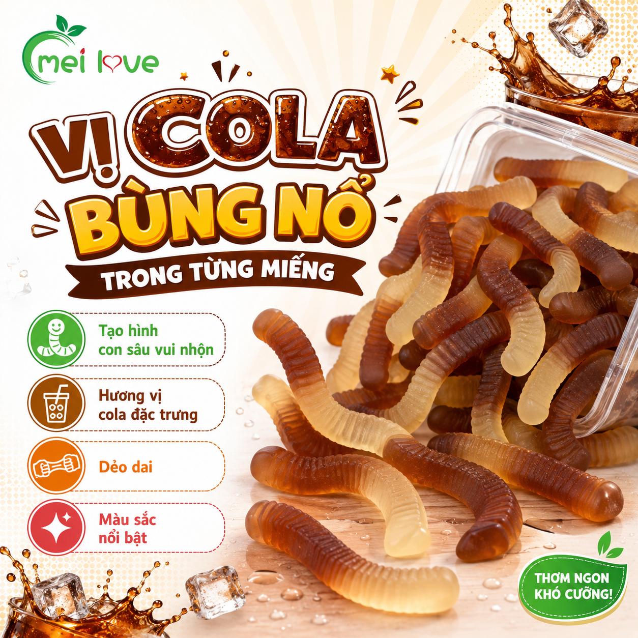 Kẹo Dẻo Sâu Vị Coca, Dẻo Dai, Hương Vị Cola Đậm Đà, Kẹo Ăn Vặt Hình Con Sâu Cho Bé & Gia Đình